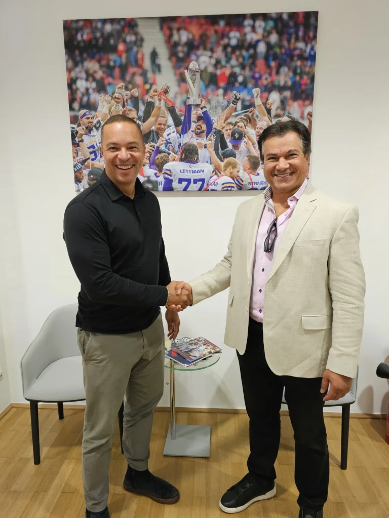 In Austria, with the owner of the Vienna Vikings Football Club, Robin Lumsden